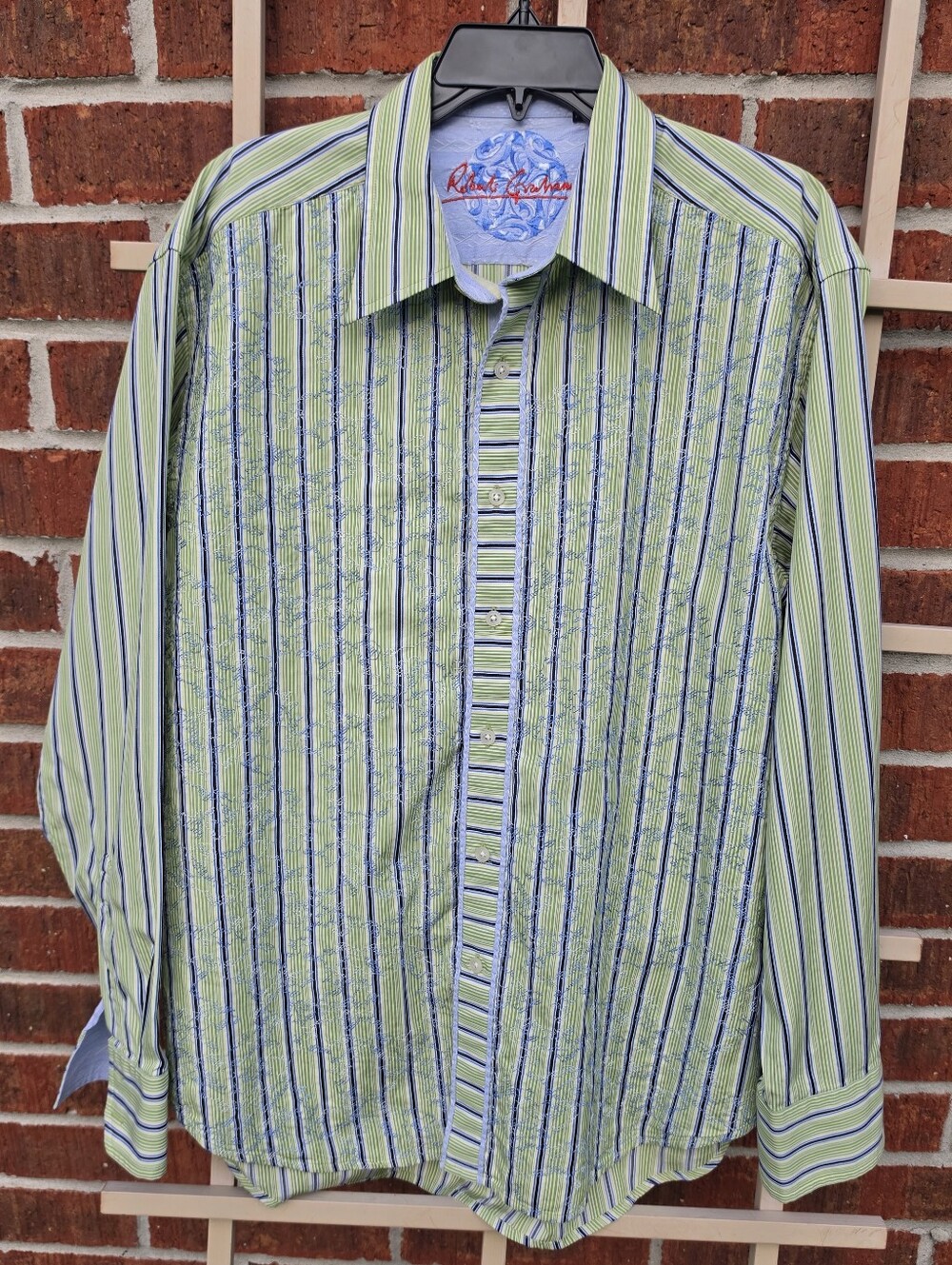 Robert Graham long sleeve shirt green and blue stripe Embroidered XL